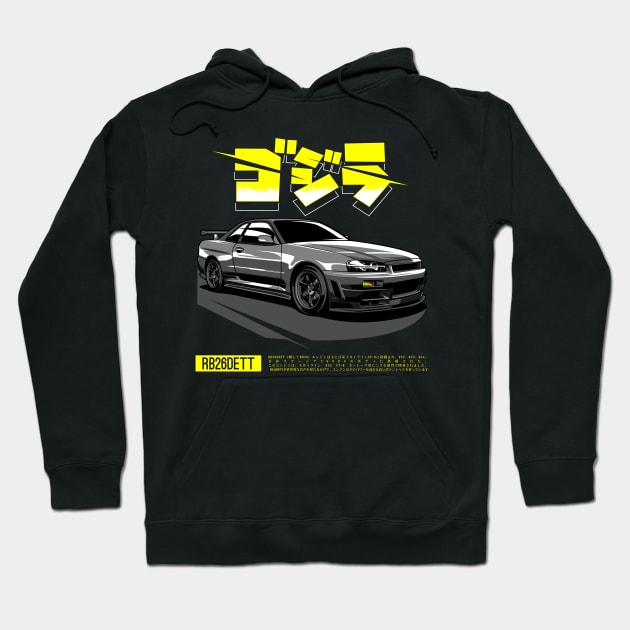 Nissan Skyline GT R34 kanji Yellow Hoodie by aredie19